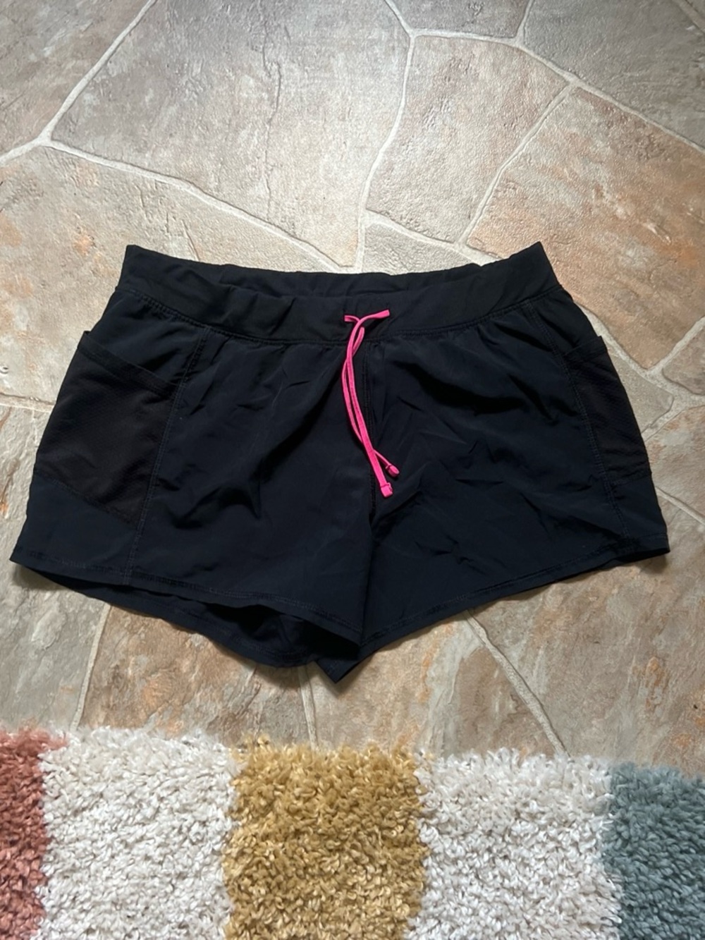 Girls' Black Athletic Shorts with Pink Drawstring